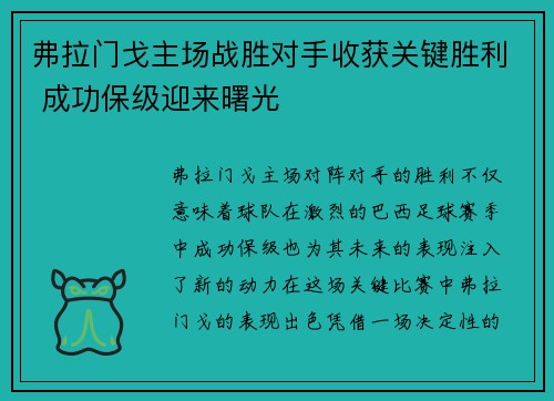 弗拉门戈主场战胜对手收获关键胜利 成功保级迎来曙光