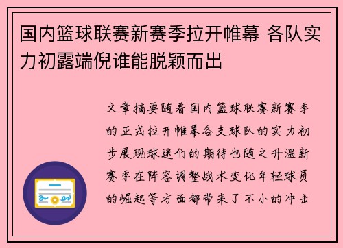 国内篮球联赛新赛季拉开帷幕 各队实力初露端倪谁能脱颖而出